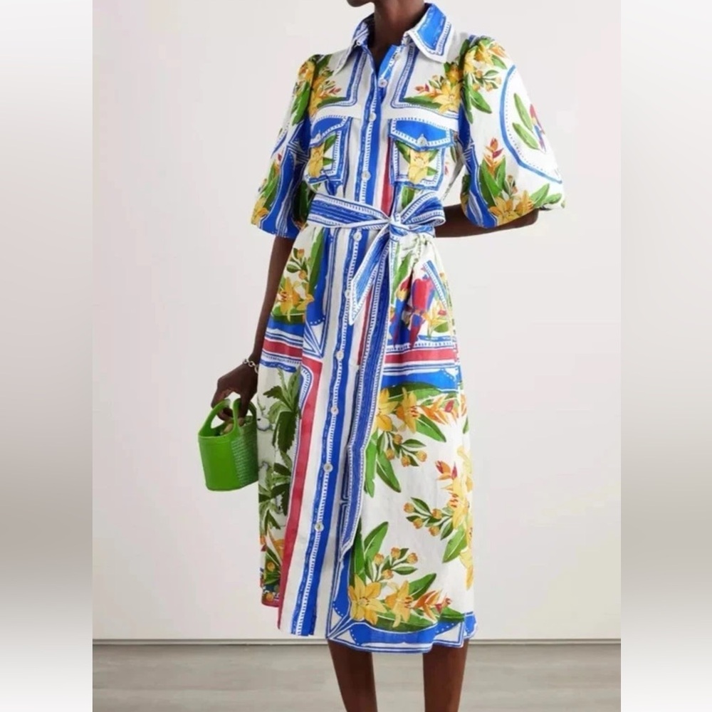 FARM RIO Tropical Destination belted linen-blend midi shirt dress Size M NEW